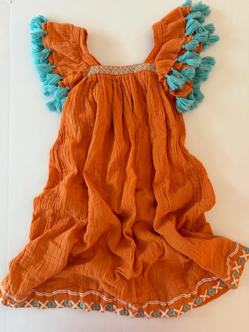Mer St Barth Serena Tassel Dress Girls Size 12 Orange 100% Cotton